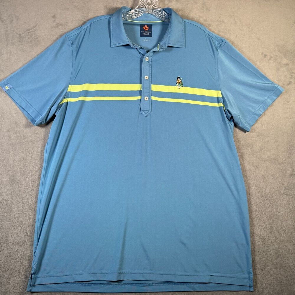 Donald Ross Sport Mens Golf Polo L Blue Yellow Stripe Scottish Drum Major Logo
